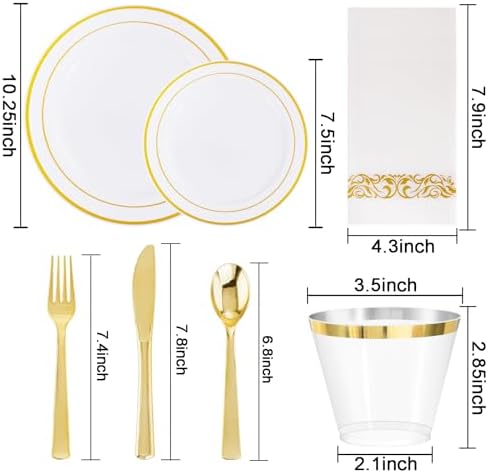 WELLIFE 700 Pieces Gold Plastic Dinnerware Set for 100 Guests - Includes Plates, Cups, Napkins, and Disposable Cutlery - Elegant White & Gold Design, Perfect for Parties and Events - Image 2