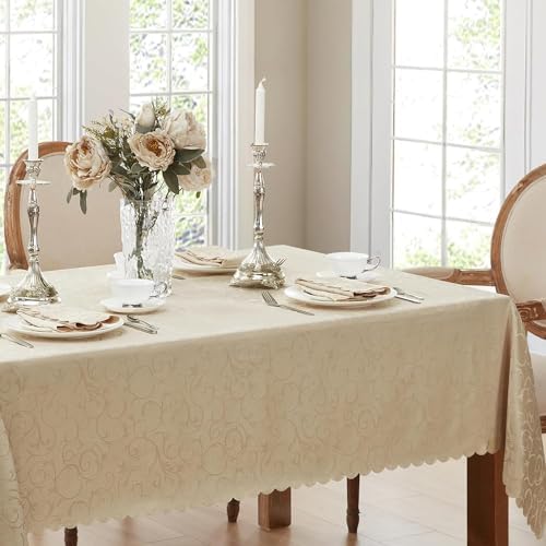 Newbridge Portofino Scalloped Damask Fabric Tablecloth, 60 x 84 Inch Rectangle, Linen, Wrinkle and Stain Resistant Fine Dining Holiday Party Table Cover - Image 6