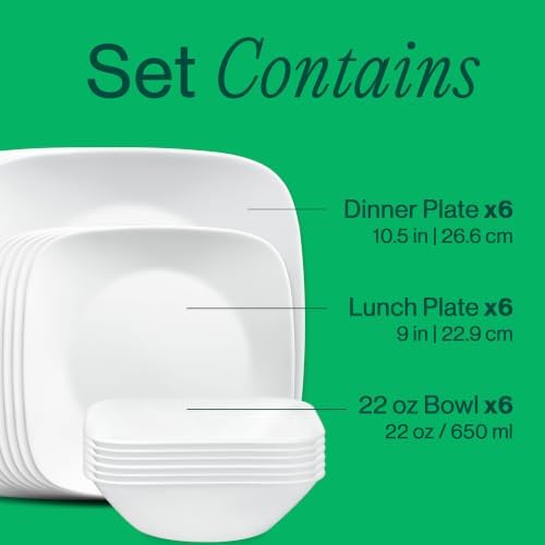 Corelle Vitrelle 18-Piece Service for 6 Square Dinnerware Set Triple Layer Glass and Chip Resistant, Lightweight Square Plates and Bowls Set, Pure White - Image 5