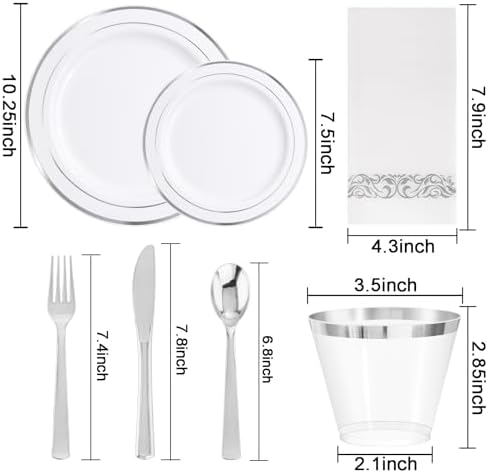 WELLIFE 700 Pieces Silver Plastic Dinnerware Set for 100 Guests - Includes Plates, Cups, Napkins, and Disposable Cutlery - Elegant White & Silver Design, Perfect for Parties and Events - Image 2