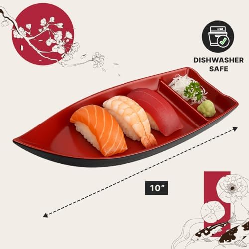 JapanBargain 10 inch Sushi Boat Japanese Sashimi Sushi Serving Plate with Sauce Divider, Melamine Chip and Dip Plate for Snack, Appetizer, Red/Black, 1-Pack - Image 2