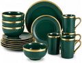 Green and Gold Dinnerware Set for 4, 16-Piece Porcelain by Loymokinar