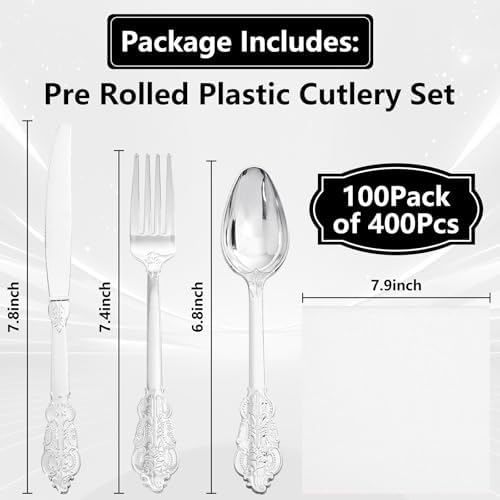 400PCS Pre Rolled Silver Plastic Silverware Sets Fancy for Wedding - Image 2