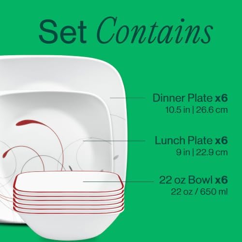 Corelle Vitrelle 18-Piece Service for 6 Dinnerware Set Triple Layer Glass and Chip Resistant, Lightweight Square Plates and Bowls Set, Splendor - Image 3