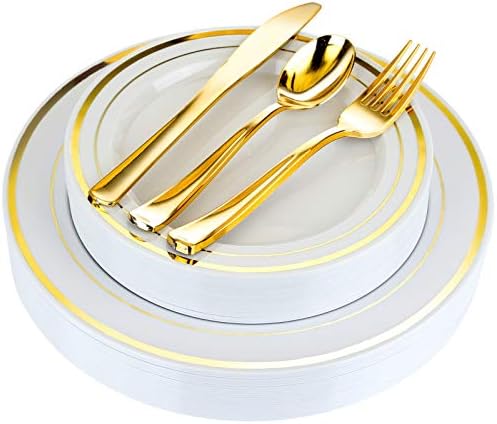 125-Piece White and Gold Fancy Plastic Plates Disposable with Silverware, Elegant Dinnerware for Weddings, Holiday Party China, Set of 25 Dinner + Salad Plates, 25 Spoons, 25 Forks, 25 Knives by StockYourHome