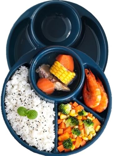 Unbreakable Divided Plates for Adults Portion Control Plates Set of 2 Dark Blue Round Plastic Dinner Plate 9 Inch for Camping Outdoor or Every Day Use by AIYoo