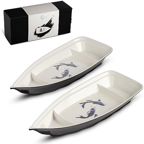 Sushi Boat Serving Tray - Set of 2 Elegant Serving Dishes - Nearly Unbreakable Melamine Plastic Plate - Top Dishwasher Safe by Namiway