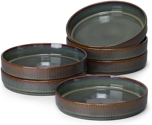 E-far Pasta Bowls Set of 6, 35oz Large Salad Bowl Plate for Dinner Serving, Wide & Shallow Ceramic Stoneware Pasta Plates, Microwave & Dishwasher Safe, Reactive Glaze Textured Stripes, Blackish Green by E-far