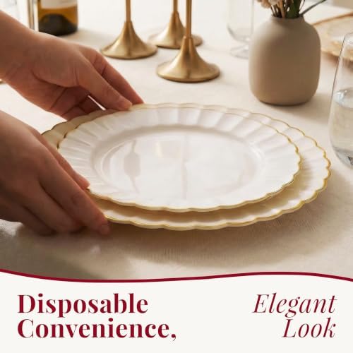 By Madee HEAVYWEIGHT Gold Scalloped Plastic Plates for Party Wedding 100 Pc - Image 2