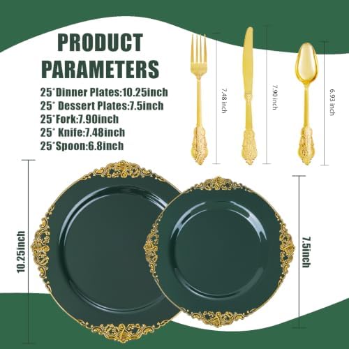 125PCS Green and Gold Plastic Plates for Wedding and Party - Image 2