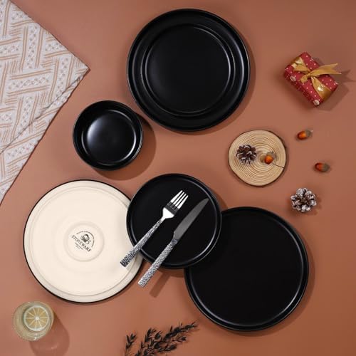 LIANYU Stoneware Dinnerware Sets for 4, 12 Piece Plates and Bowls Set, Ceramic Dishware Dishes for Dining, Scratch Resistant Kitchen Porcelain Plates, Microwave & Dishwasher Safe, Matte Black - Image 7
