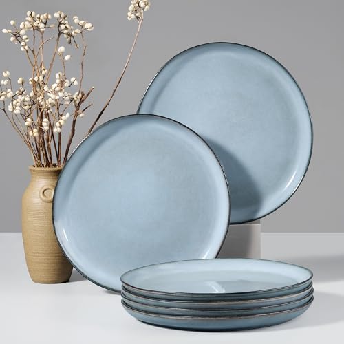 HaWare Stoneware Dinner Plates Set of 6, 10" Heavy Duty Ceramic Plates, Reactive Glaze Dinnerware for Home Restaurant, Chip and Scratch Resistant, Microwave and Dishwasher Safe, Reactive Foggy Blue by HaWare