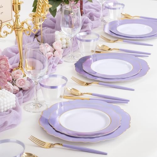 WDF 60pcs Purple Plates with Gold Rim - Baroque Light Purple Plastic Plates - Image 3