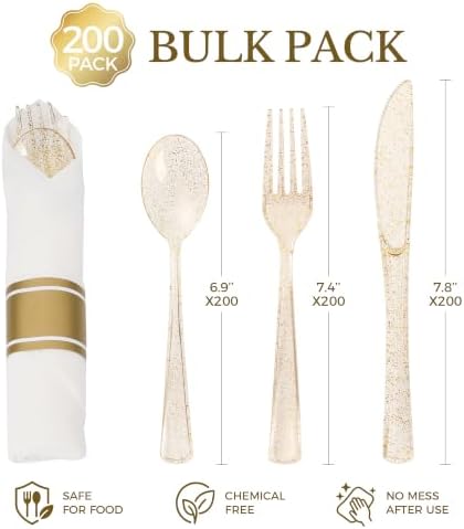 Goodluck 200 Pack Pre Rolled Gold Glitter Plastic Silverware with Napkins - Image 3