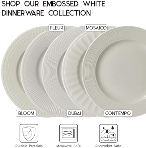 Tabletops Gallery Embossed White Porcelain Round Dinnerware - Bloom 12 Piece Dinnerware Set - Image 6