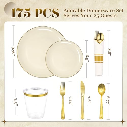 Ivory Gold Dinnerware Set Disposable Plates for 175PCS 25 Guests - Image 5