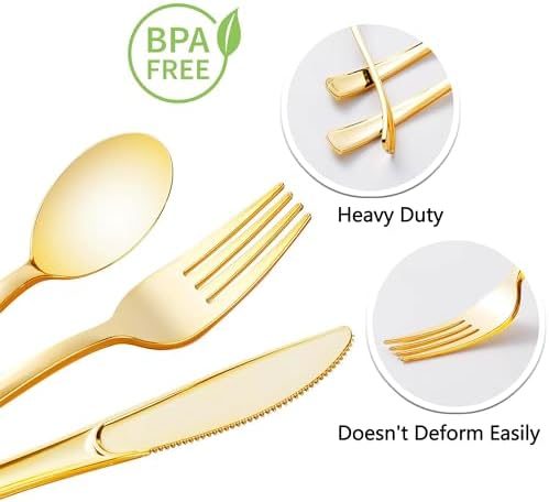 100 Pack Pre Rolled Gold Plastic Silverware Set with Napkins - Image 3