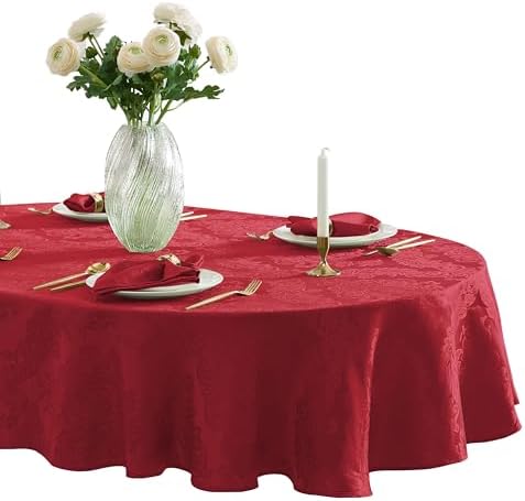 Newbridge Barcelona Damask Fabric Tablecloth, 60 x 84 Inch Oval, Red – No Iron, Soil Resistant Table Cover for Dining, Parties and Holidays by HomeBargainsPlus
