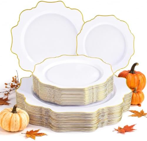 WDF 50PCS White and Gold Plastic Plates - Fall Disposable Plates for Party by WDF
