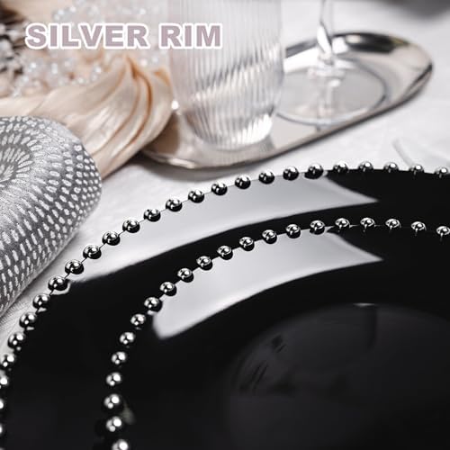 HOMIP 50PCS Disposable Black Plastic Plates with Silver Pearl-Beaded Rim - Image 4