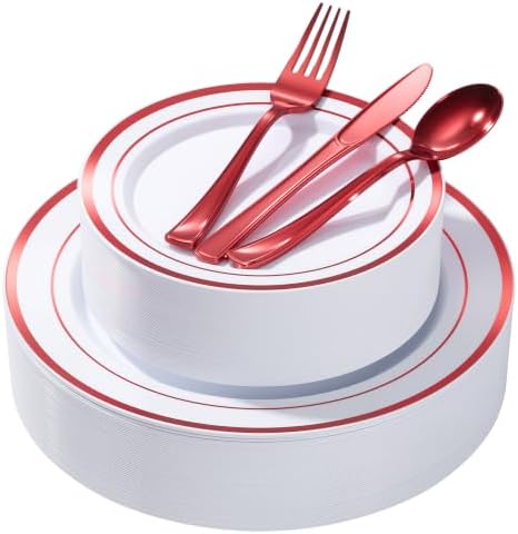 Goodluck 250 PCS Red Rim Plastic Plates and Cutlery Set for 50 Guests by GoodLuck