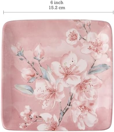 Bico Spring Sakura 6 inch Ceramic Square Appetizer Plates Set, Set of 4, Microwave & Dishwasher Safe, for Salad, Tapas - Image 2