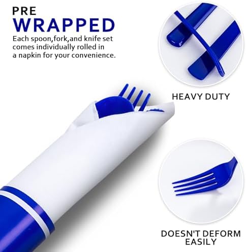 400PCS Pre Rolled Blue Plastic Silverware Set Heavy Duty for Wedding - Image 7