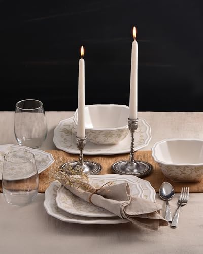 222 Fifth 12-Piece Porcelain Dinnerware Set for 4, Glossy Cream Plates and Bowls Set with Taupe Flowers, Elegant Square Ceramic Dish Set, Kitchen Tableware, Microwave & Dishwasher Safe, Batik Toile - Image 5