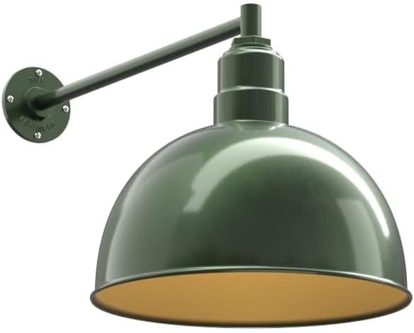 Steel Lighting Co. Hollywood Bowl Light | Outdoor Wall Mounted | 15 inch Bowl Dome | 20" Straight Arm | Barn Light Made in America | Hunter Green Exterior/Brass Interior
