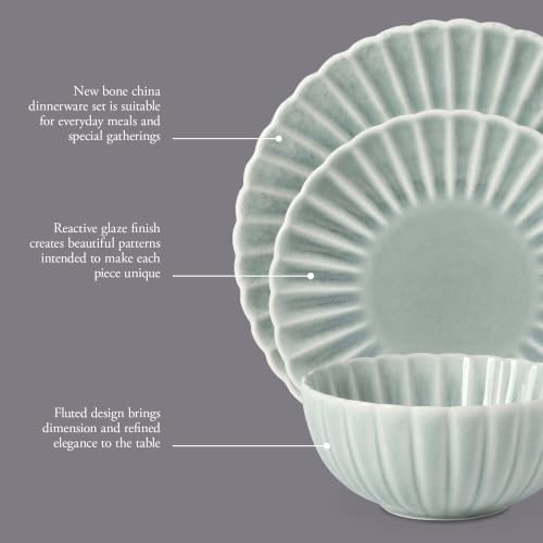 Gibson Elite Peach Orchard 12-Piece New Bone China Dinnerware Set Service for 4, Embossed Fluted Plates and Bowls, Dishwasher and Microwave Safe, Aqua Blue - Image 3
