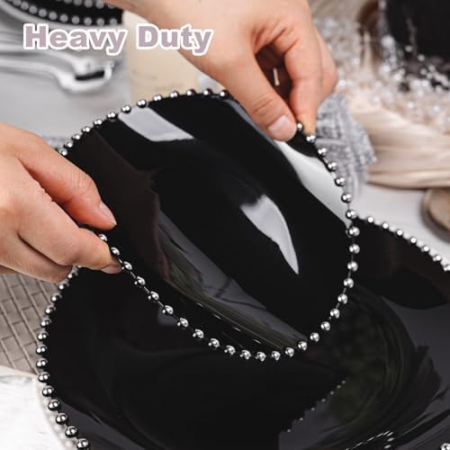 HOMIP 50PCS Disposable Black Plastic Plates with Silver Pearl-Beaded Rim - Image 7