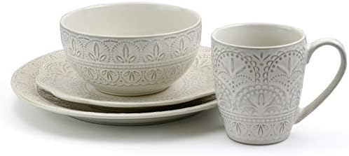 Elama White Lace 16 Piece Round Scallop Stoneware Dinnerware Set in White - Image 4