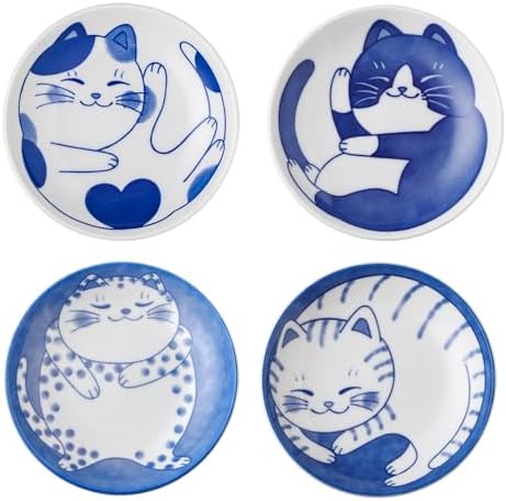 VanEnjoy Small Cute Ceramic Dishware Sets, Kawaii Cat Plates, Blue Shushi Plate Set Of 4, Japanese Plates, Dessert Plates Ceramic by VanEnjoy