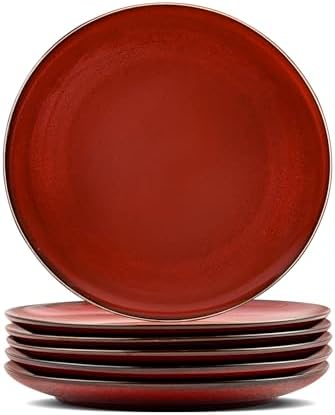 vicrays Ceramic Round Plates Set of 6 - Porcelain 8 inch Dinner Plates for Salad Dessert Appetizer Bread - Microwave Oven and Dishwasher Safe - Cherry Red by VicraysCeramic