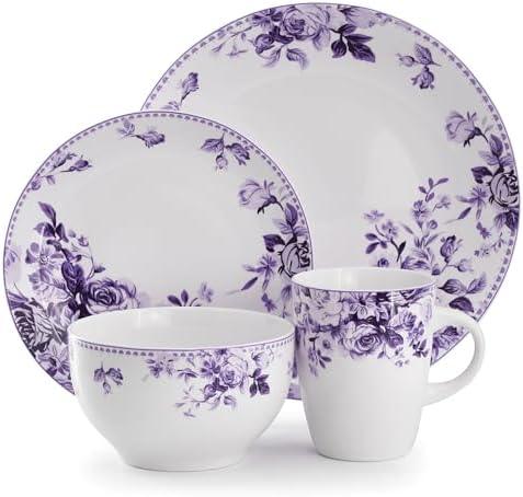 Elama Traditional Rose 16 Piece Porcelain Dinnerwar/Tableware Set, Service for 4 (Purple) - Image 2