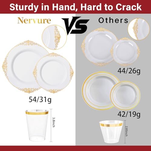 Nervure 175Pcs White and Gold Plastic Plates, Dinnerware Set for 25 Guests - Image 3