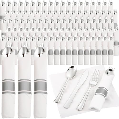 Supernal 120 Pack Silver Plastic Silverware Wrapped Cutlery Set with Napkin by supernal