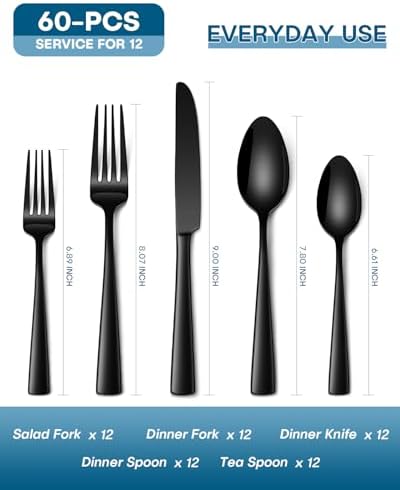 Stapava 60 Pcs Black Silverware Set, Food-Grade Stainless Steel Flatware Set for 12 Mirror Polished Cutlery Utensil Sets Include Dinner Knives Spoons and Forks Set Dishwasher Safe for Home Restaurant - Image 2