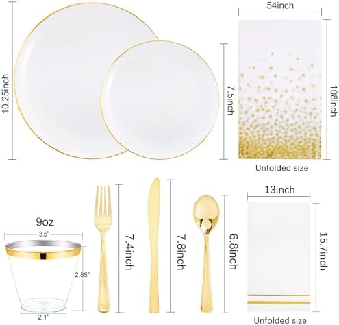 Festiva 175PCS White and Gold Plastic Plates - White with Gold Rim Fall Dinnerware Set - 25Guest include Plates Cups Cutlery Napkins for Birthday Party&Wedding& Thanksgiving - Image 2