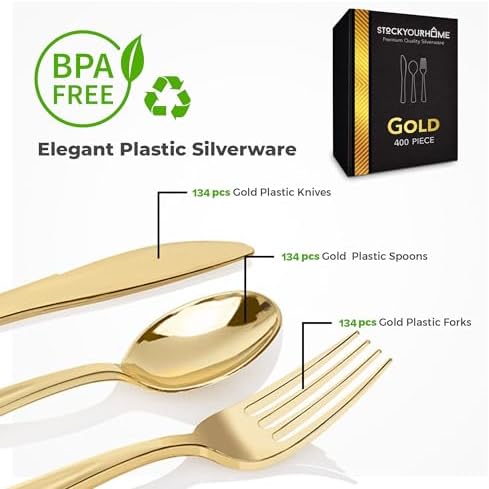 Gold Plastic Silverware Set (400-Pack) – Disposable Heavy Duty Cutlery, 134 Forks, 134 Knives, 134 Spoons for Parties, Weddings, Dinners & Holidays, Stock Your Home - Image 3