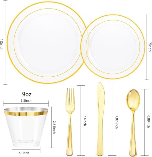 bUCLA 150Pcs Clear Gold Plastic Dinnerware Set - Clear and Gold Disposable Plates Include 25 Dinner / 25 Dessert Plates,25 Knives,25 Forks,25 Spoons,25 Cups for Party - Image 2