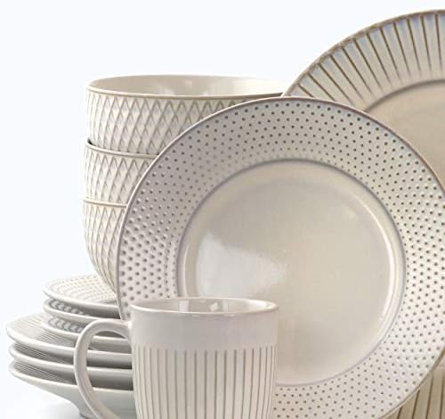 Elama Market Finds 16 Piece Round Stoneware Dinnerware Set in Embossed White - Image 4