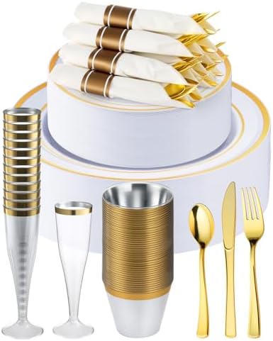 Goodluck 560PCS Fancy Disposable Dinnerware, White Gold Plate for 70 Guests by GoodLuck