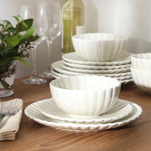 Gibson Elite Peach Orchard 12-Piece New Bone China Dinnerware Set Service for 4, Embossed Fluted Plates and Bowls, Dishwasher and Microwave Safe, Cream White - Image 5