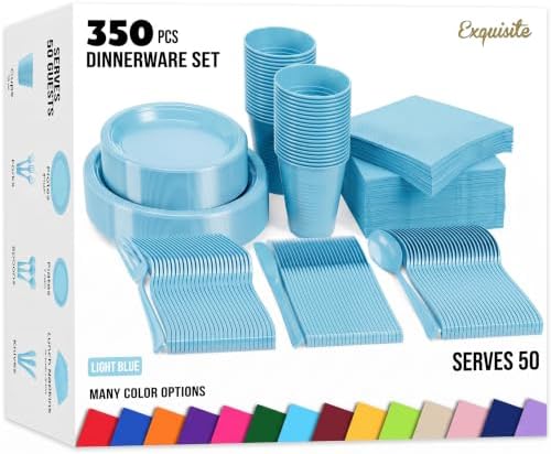 Exquisite 350 Pcs Light Blue Plates and Napkins Party Supplies Plate Sets by Exquisite
