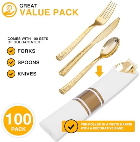 400PCS Gold Wrapped Silverware Set Disposable Hammered for Weddings - Image 4