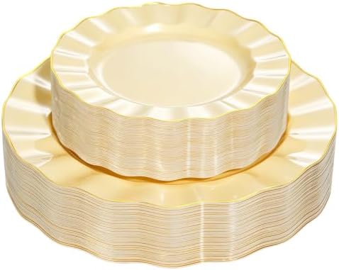 72PCS Yellow Plastic Plates, Wavy Plates with Gold Rim by QualQuot