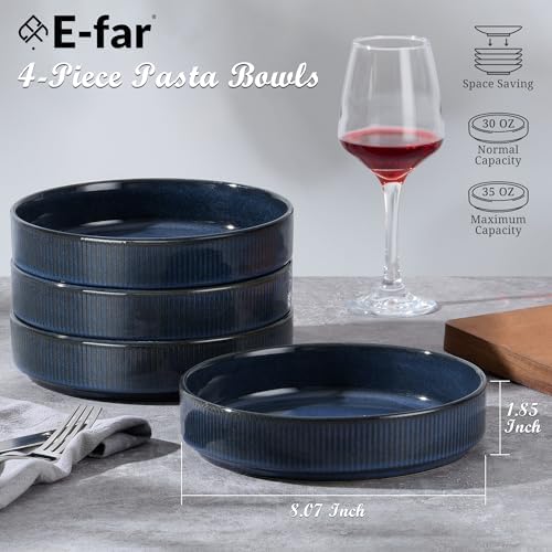 E-far Pasta Bowls Set of 4, 35oz Large Salad Bowl Plate for Dinner Serving, Wide & Shallow Ceramic Stoneware Pasta Plates, Microwave & Dishwasher Safe, Reactive Glaze Textured Stripes, Dark Blue - Image 2
