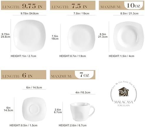 MALACASA 30 Piece Porcelain Dinnerware Set, Grey White Dish Set for 6, Square Ceramic Dishware Sets, Chip and Scratch Resistant Plates and Bowls Sets, Cups and Saucers, Series ELISA - Image 2