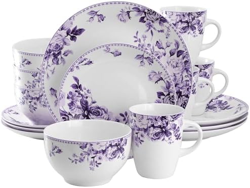 Elama Traditional Rose 16 Piece Porcelain Dinnerwar/Tableware Set, Service for 4 (Purple) by Elama